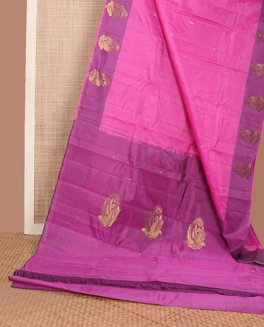 Pink zari buttas Kanchipuram silk saree, contrast manga design border, and pallu of manga zari designs