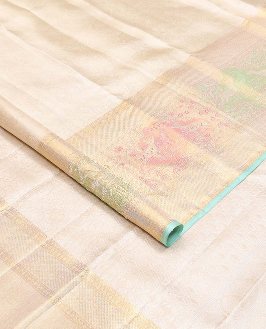 Cream jacquard Kanchipuram silk saree, zari border of mayil kann, and meenakari maan designs, and geometric pallu