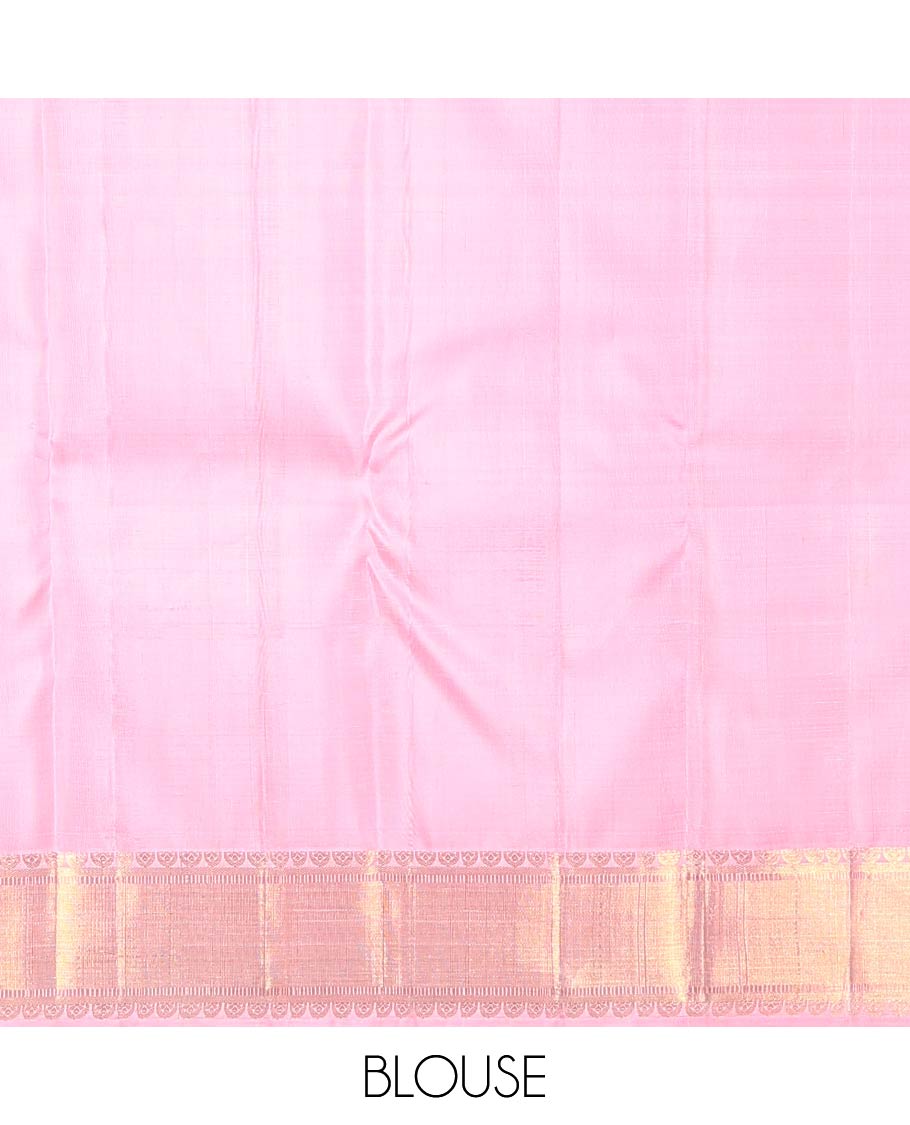Pink floral motifs woven Kanchipuram designer saree, zari border, and zari-rich jaal pallu