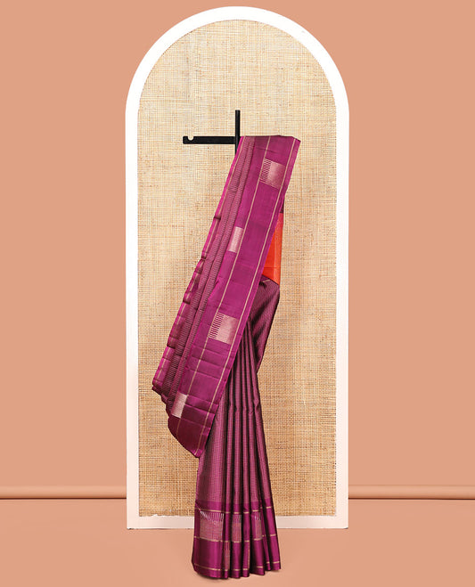 Purple Kanchipuram Silk Saree, Beautified with Checks, Highlighted by a Zari Border of Seppu Rekku Designs, Pallu of Jaal Design, and a Contrast Blouse
