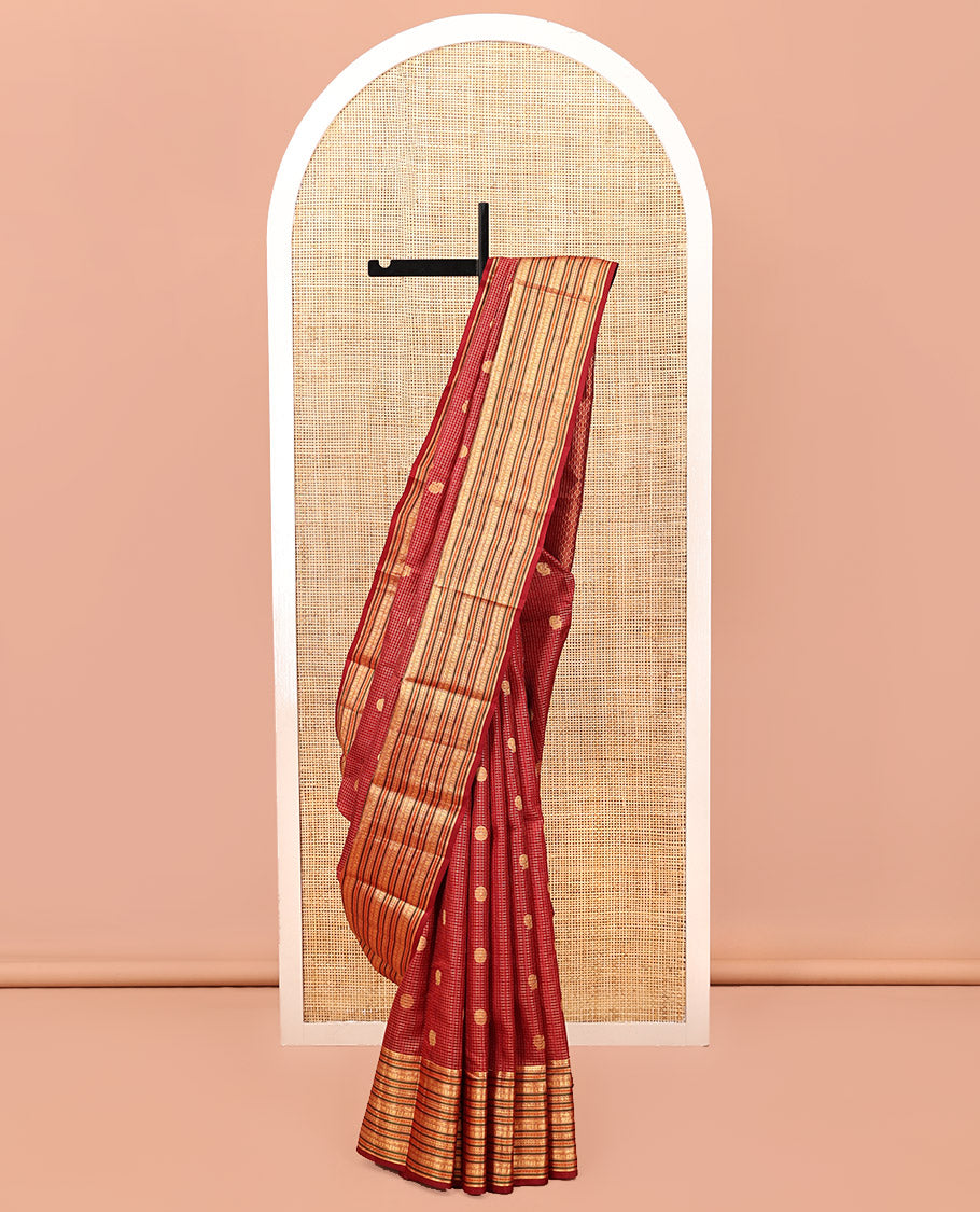 Red Kanchipuram Silk Saree, Woven with Zari Buttas and Checks, a Zari Jacquard Border, Jaal Pallu, and a Matching Blouse
