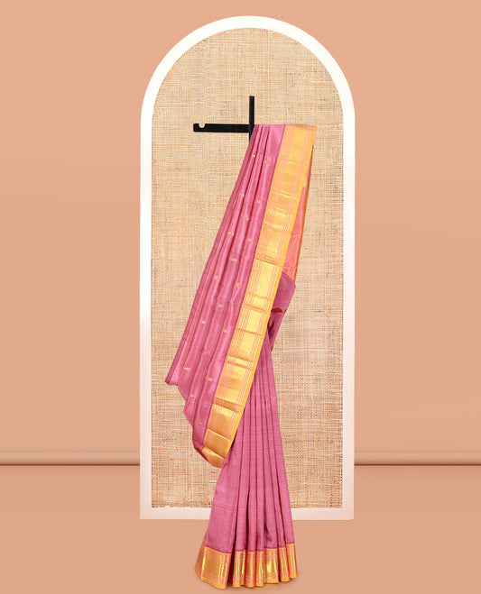 Pink Kanchipuram Silk Saree, Decked Up with Zari Buttas, Complemented by a Contrast Border of Panner Sombu, Banaras, Muthu, and Mayil Kann Design, Pallu of Zari Design, and No Blouse
