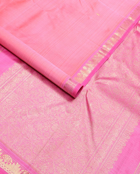 Baby pink buttas kancheepuram silk saree with contrast temple border & floral jaal design pallu
