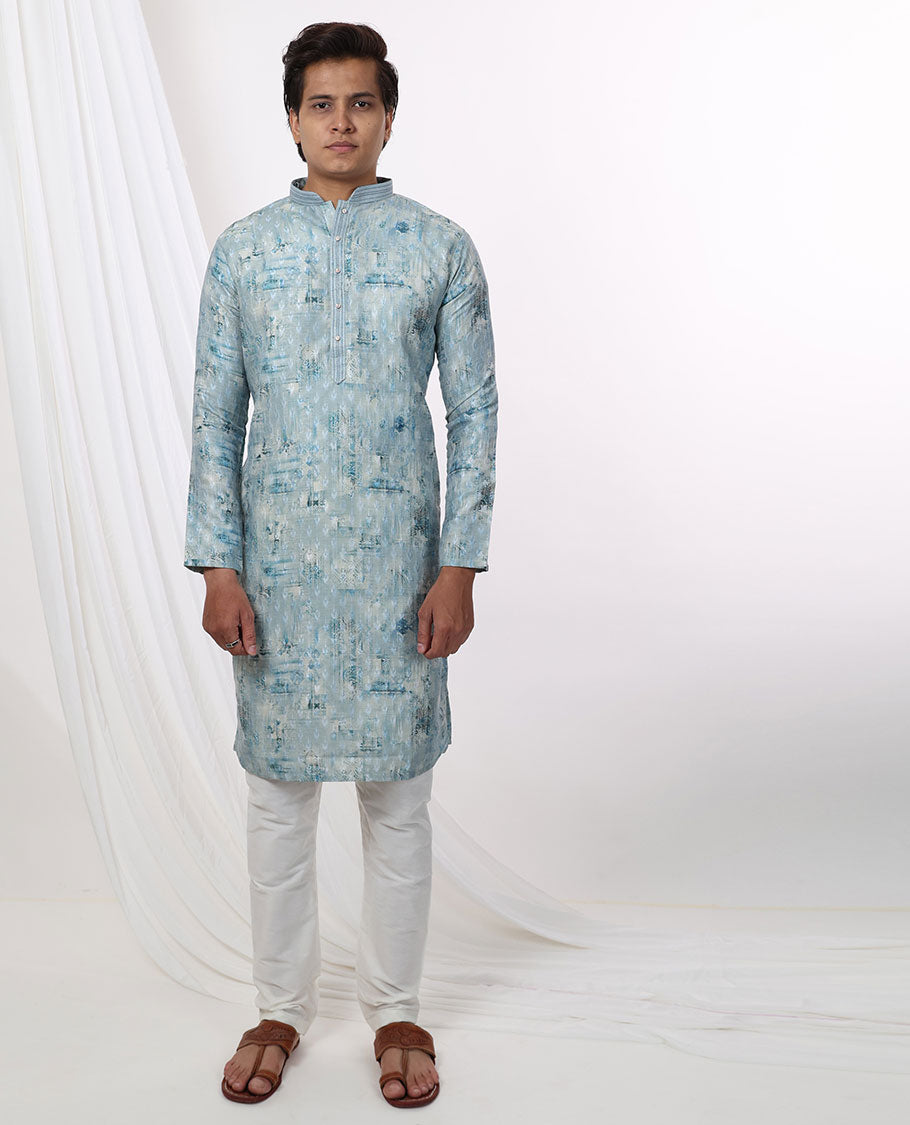 Light blue abstract design mandarin collar & full-sleeve long raw silk kurta 