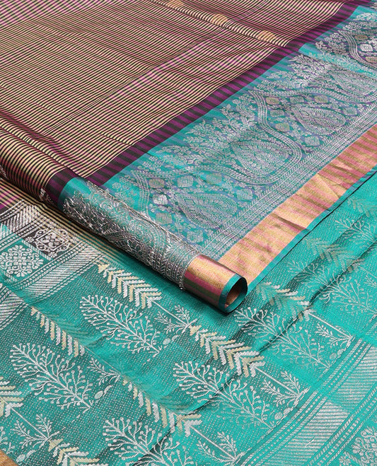 Purple checked mayuri soft silk saree with contrast traditional zati design & ikkat style floral design pallu