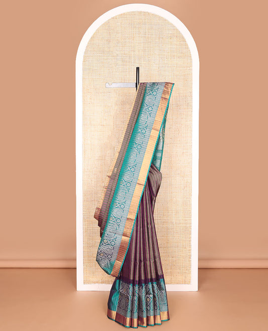 Purple checked mayuri soft silk saree with contrast traditional zati design & ikkat style floral design pallu