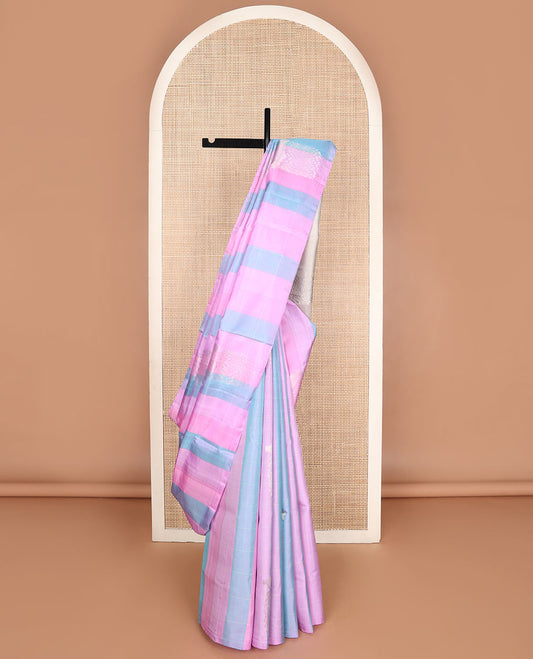 Borderless blue-pink soft silk saree with cloud-snow flakes theme buttas, zari-rich intricate pallu