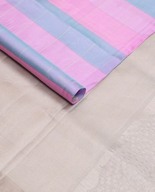 Borderless blue-pink soft silk saree with cloud-snow flakes theme buttas, zari-rich intricate pallu