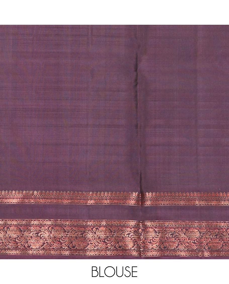 Broderless brown soft silk saree, pallu of thilakam mokku, paisa, kodi visiry, and jaal design