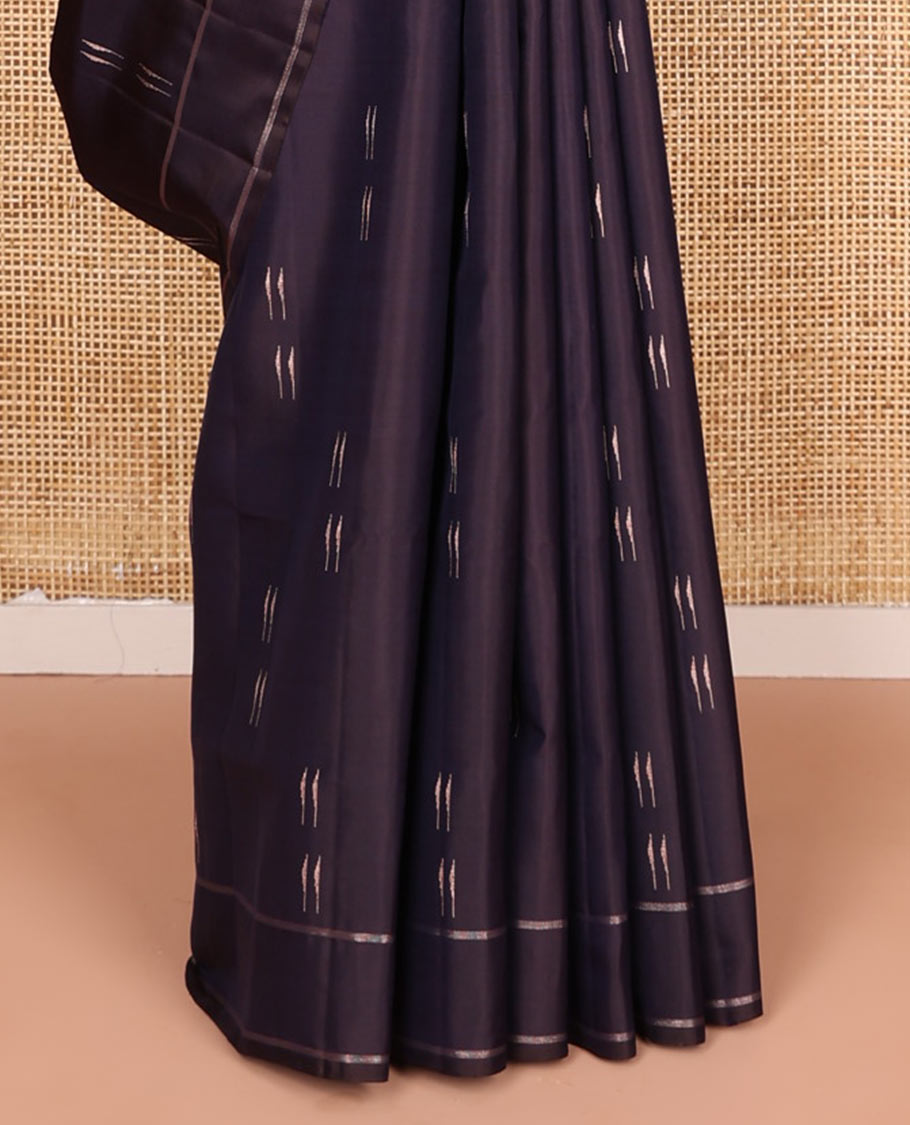 Blue malli mokku buttas soft silk saree, striped border, and pallu of manga, muthu, neli and cross kamalam designs