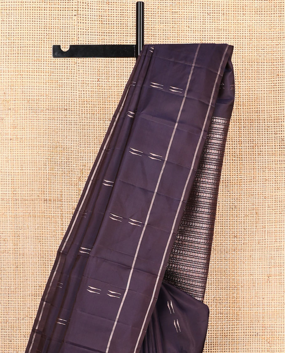 Blue malli mokku buttas soft silk saree, striped border, and pallu of manga, muthu, neli and cross kamalam designs