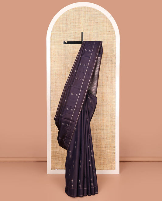 Blue malli mokku buttas soft silk saree, striped border, and pallu of manga, muthu, neli and cross kamalam designs