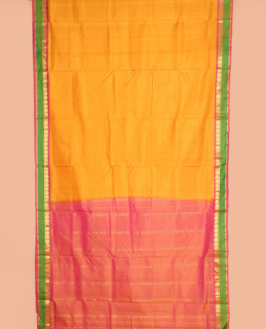 Mango yellow vazhaipoo striped ten-yard silk saree, contrast rettai pettu border of kathir & kuyil kann manga design & zari striped pallu