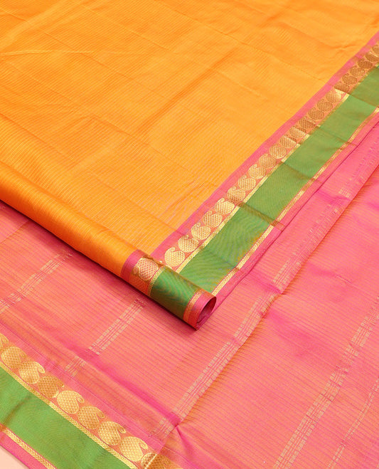 Mango yellow vazhaipoo striped ten-yard silk saree, contrast rettai pettu border of kathir & kuyil kann manga design & zari striped pallu