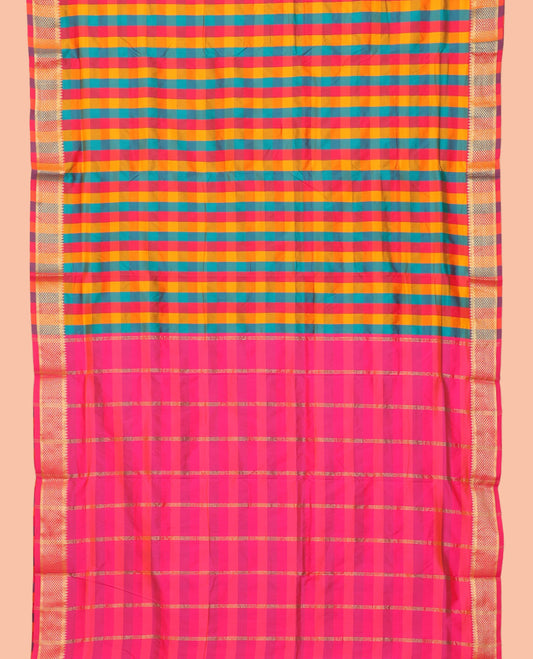 Multi-Color Palum Pazhamum Checked Nine-Yard Saree, Highlighted by a Ara Maadam Border, Contrast Pallu of Stripes, and No Blouse