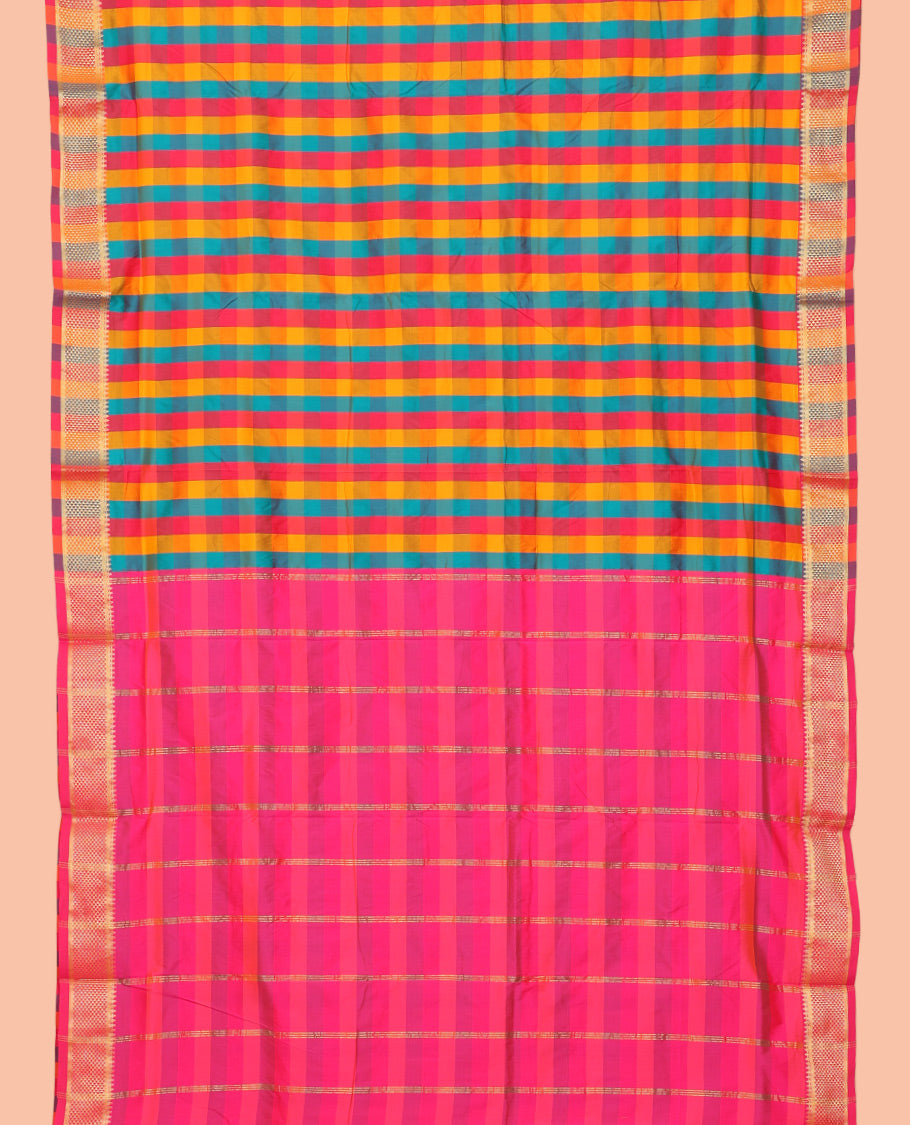 Multi-Color Palum Pazhamum Checked Nine-Yard Saree, Highlighted by a Ara Maadam Border, Contrast Pallu of Stripes, and No Blouse