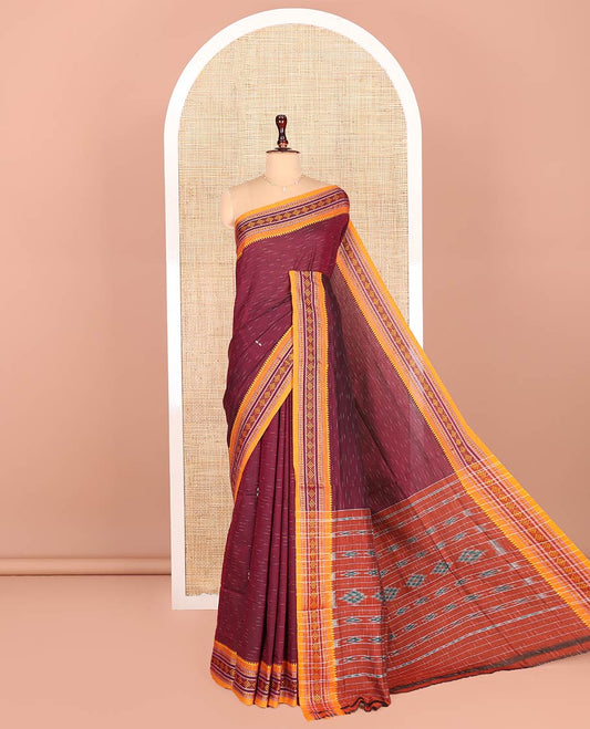 Maroon Odisha Cotton Saree, Subtly Woven with Buttas All Over the Body, Complemented by a Contrast Temple Border of Geometric Thread Patterns, Pallu Depicts Geometric Patterns, and Has No Blouse