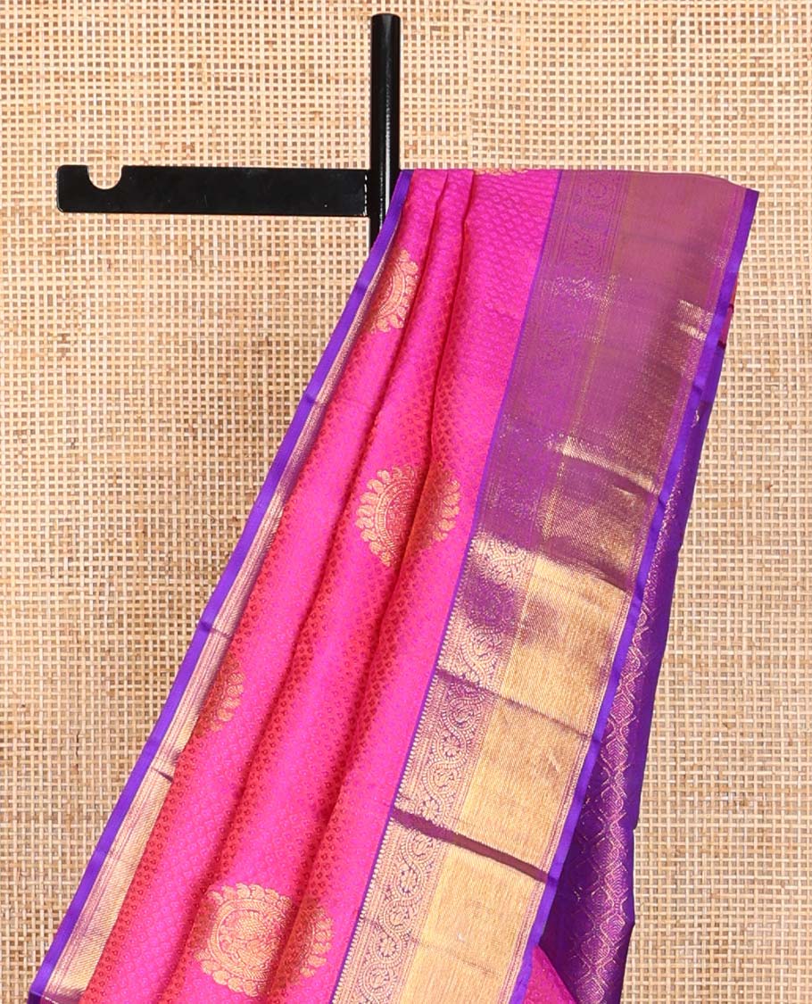 pink floral design silk saree with self border of thilakam mokku, muthu , kodi visiry, banaras design & zari design pallu