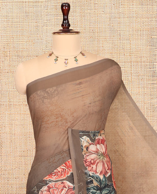 Borderless Green Georgette Saree, Beautifully Bedecked with Floral Print, and a Matching Blouse