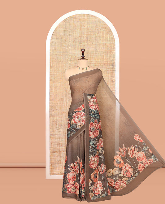 Borderless Green Georgette Saree, Beautifully Bedecked with Floral Print, and a Matching Blouse