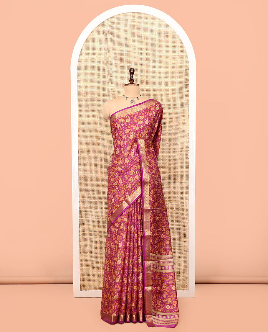 Magenta Printed Silk Saree Features an Intricate Design, a Traditional Zari Border, an Intricate Pallu, and Matching Blouse