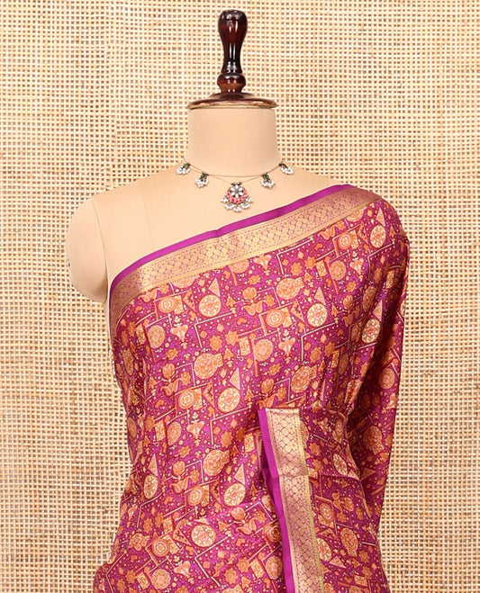 Magenta Printed Silk Saree Features an Intricate Design, a Traditional Zari Border, an Intricate Pallu, and Matching Blouse