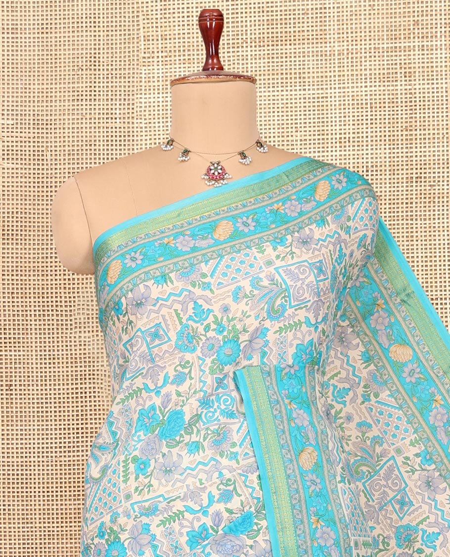 Blue Printed Silk Saree, Embellished with Intricate Floral Print, a Traditional Zari Border, Floral Pallu, and a Matching Blouse