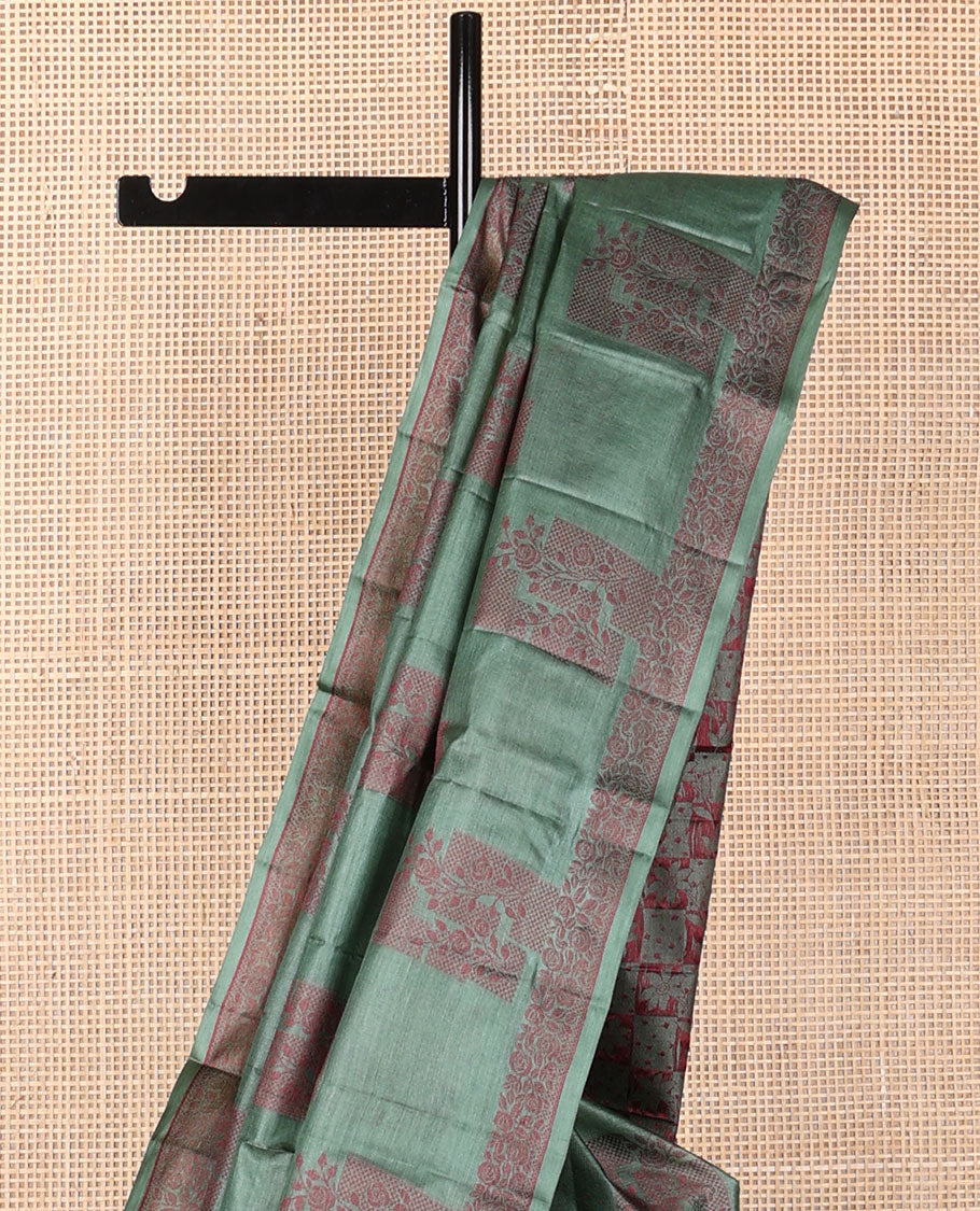Green floral zari buttas tussar saree, floral zari border & self-pallu of floral designs