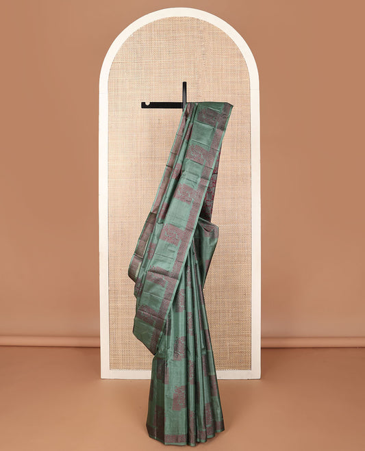 Green floral zari buttas tussar saree, floral zari border & self-pallu of floral designs