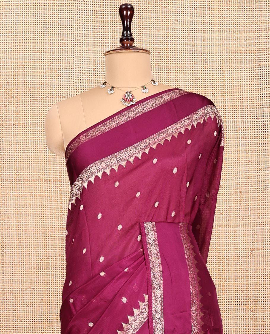 Purple Matka Silk Saree, Embellished with Buttas All Over Its Body, Complemented by Temple Traditional Design Border, Pallu of Meenakari Floral Designs, and Paired with Matching Blouse