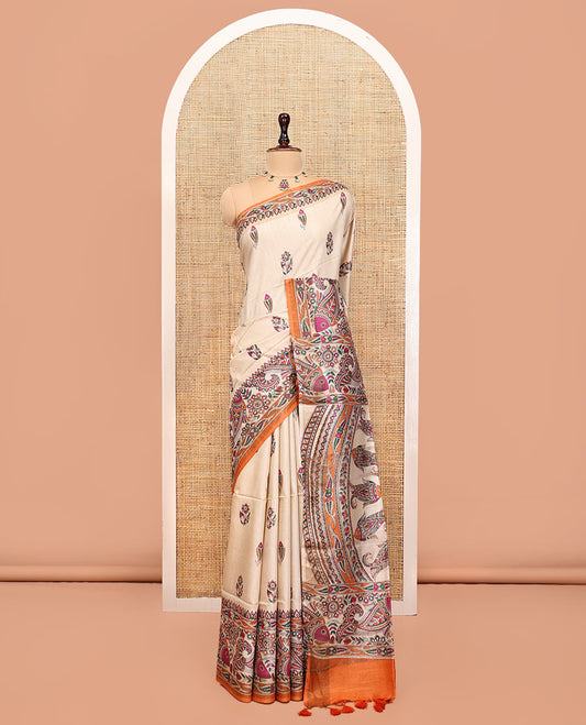 Cream Tussar Silk Saree, Artfully Detailed with Floral-Fish Madhubani Print, a Complemented by Contrast Madhubani Printed Border, Pallu of Madhubani Fishes, and a Contrast Blouse