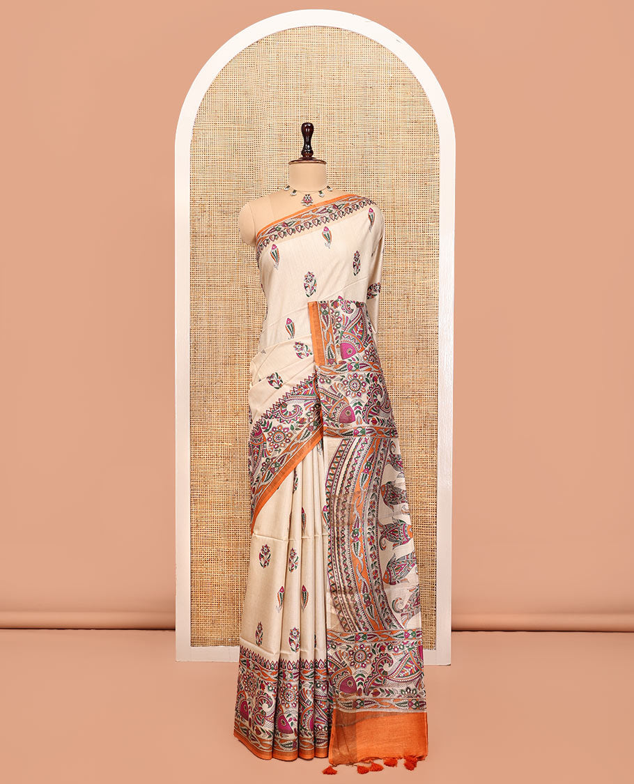 Cream Tussar Silk Saree, Artfully Detailed with Floral-Fish Madhubani Print, a Complemented by Contrast Madhubani Printed Border, Pallu of Madhubani Fishes, and a Contrast Blouse