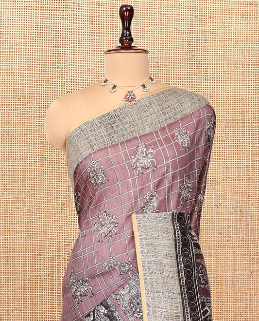 Purple Tussar Silk Saree, Styled with Human Motif and Checks, Contrast Geometric and Human Motif Border, Heathered Pallu, and Matching Blouse