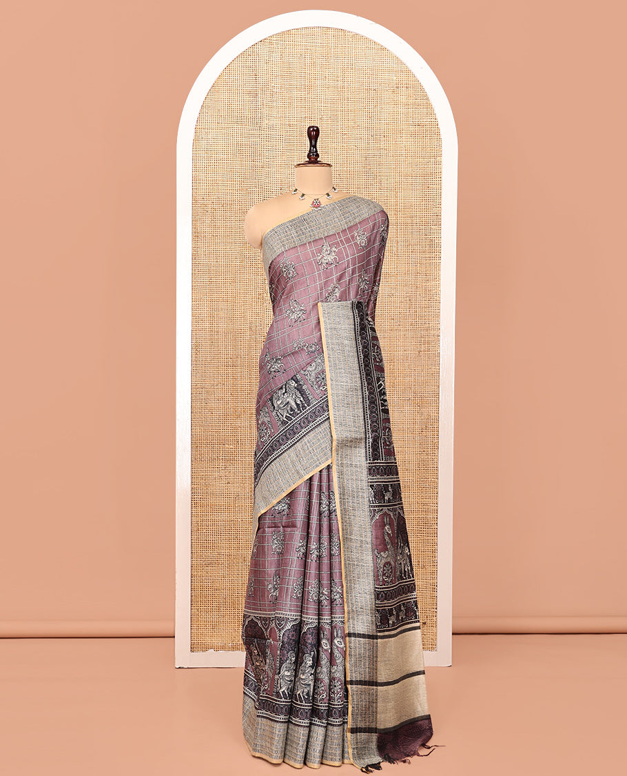 Purple Tussar Silk Saree, Styled with Human Motif and Checks, Contrast Geometric and Human Motif Border, Heathered Pallu, and Matching Blouse