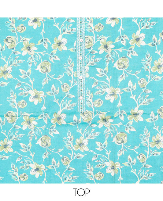 Blue chudidhar material set,floral printed & button-embedded top,dots printed bottom & floral-paisley printed dupatta