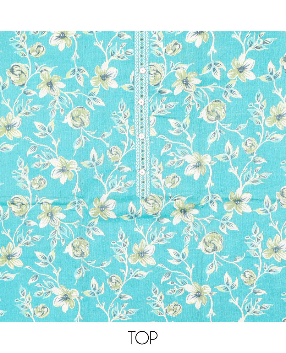 Blue chudidhar material set,floral printed & button-embedded top,dots printed bottom & floral-paisley printed dupatta