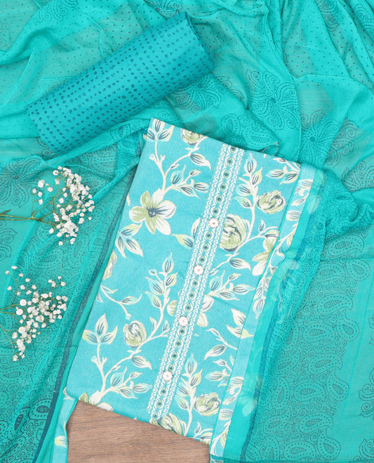 Blue chudidhar material set,floral printed & button-embedded top,dots printed bottom & floral-paisley printed dupatta