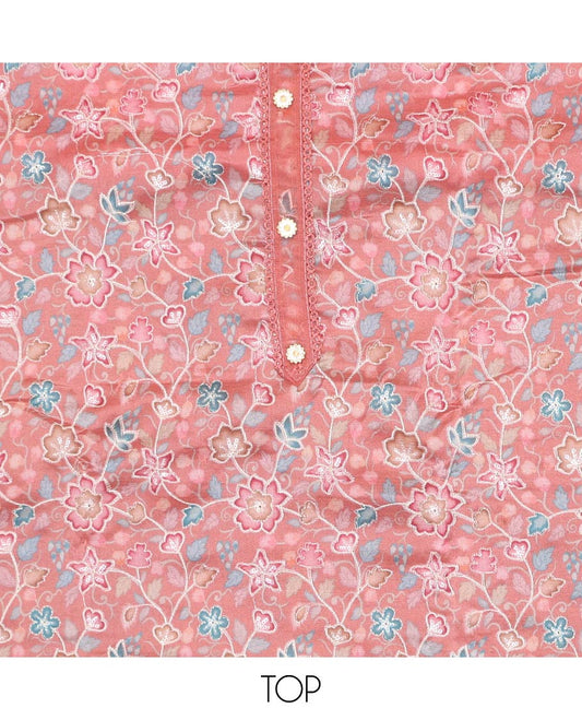Peach chudidhar material set,floral vine design printed organza top,plain bottom & floral vine embroidery organza dupatta