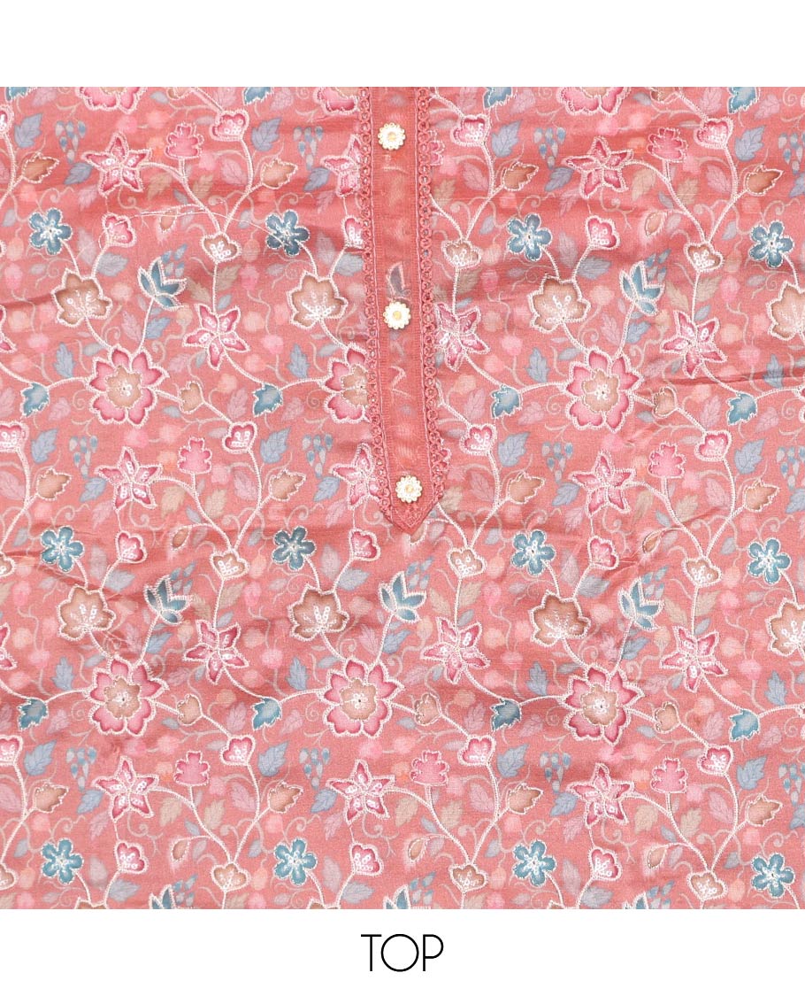 Peach chudidhar material set,floral vine design printed organza top,plain bottom & floral vine embroidery organza dupatta