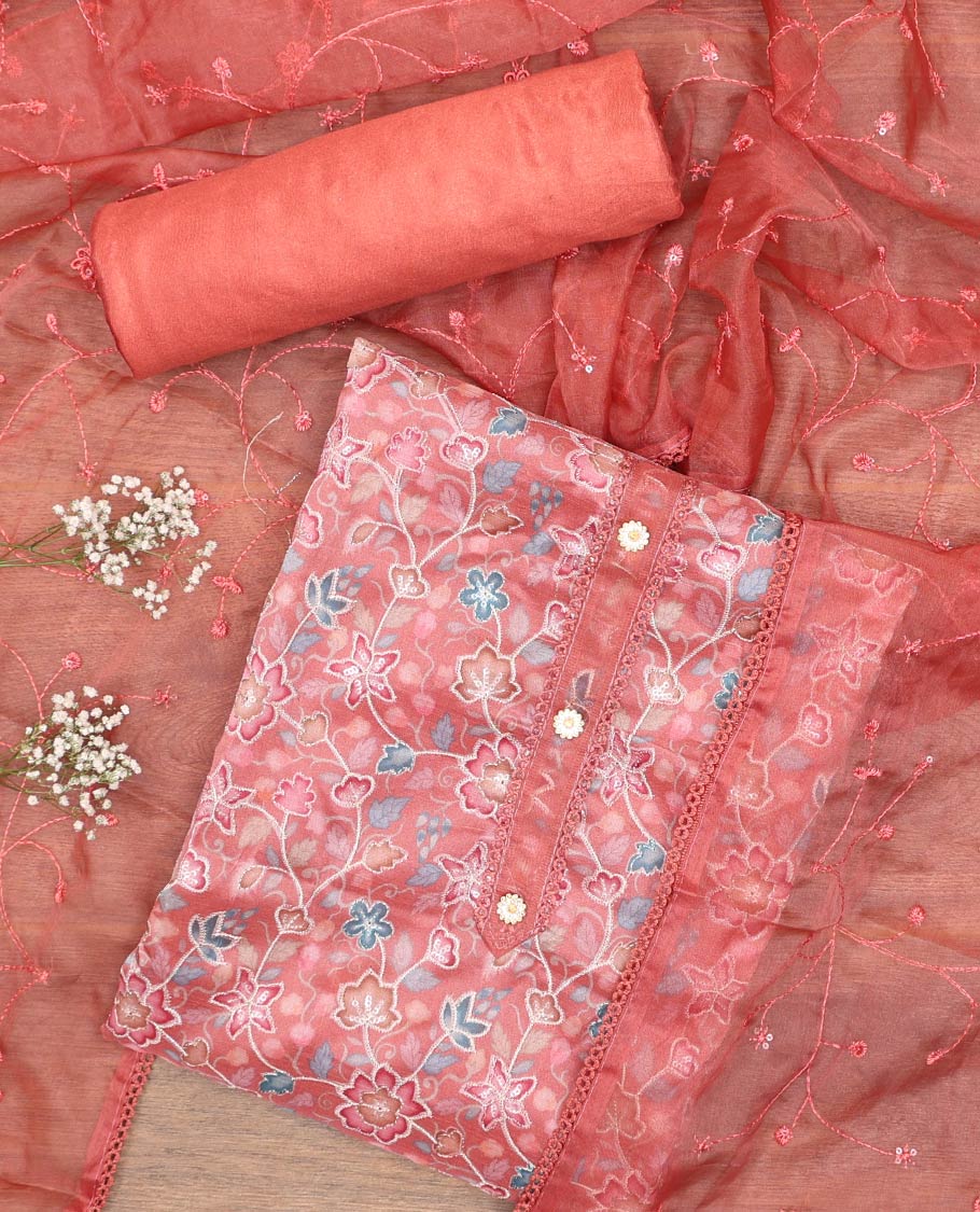 Peach chudidhar material set,floral vine design printed organza top,plain bottom & floral vine embroidery organza dupatta
