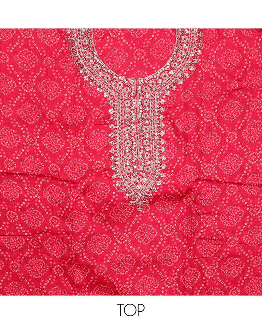 Red material churidar set, bandhani with neck embroidery cotton top, plain cotton bottom, and contrast sequins vine embroidered chanderi dupatta