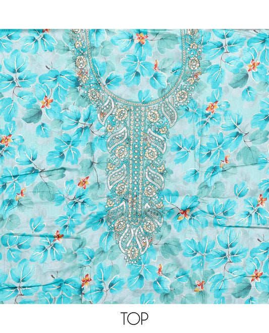 Blue material chudidar set, floral print and neck embroidered top, plain bottom, and floral jaal embroidered dupatta