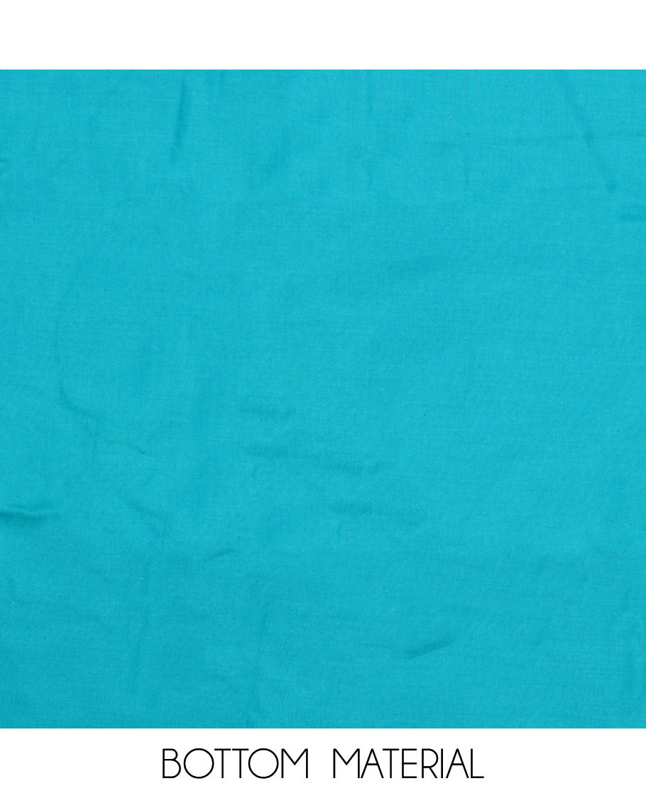 Blue material chudidar set, floral print and neck embroidered top, plain bottom, and floral jaal embroidered dupatta