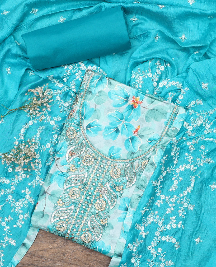 Blue material chudidar set, floral print and neck embroidered top, plain bottom, and floral jaal embroidered dupatta