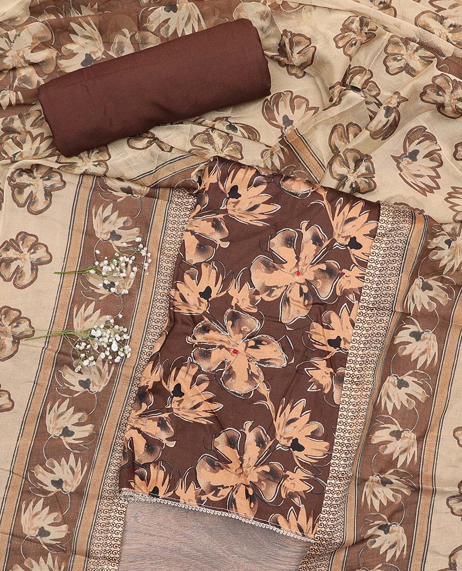 Brown material chudidar set, Ajrakh print with mirror work neck embroidered top, plain bottom, and plain lace border dupatta