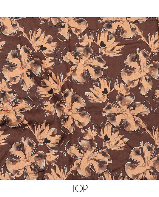 Brown material chudidar set, Ajrakh print with mirror work neck embroidered top, plain bottom, and plain lace border dupatta