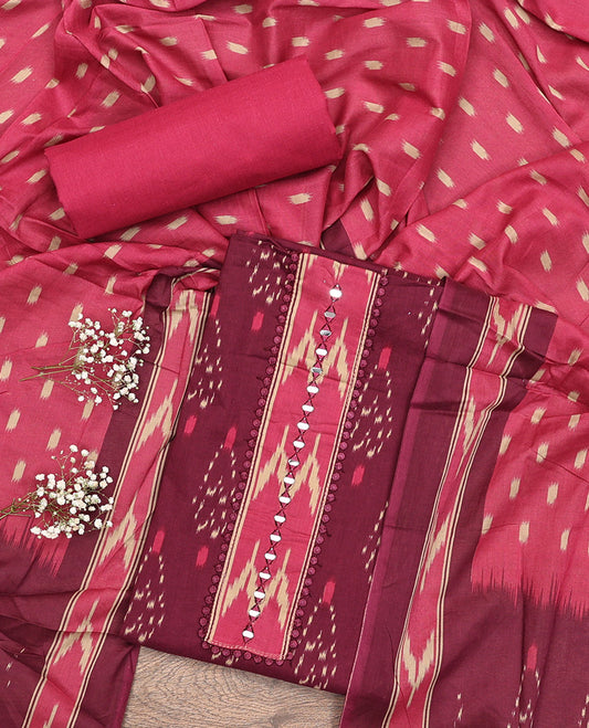 Wine Cotton Material Chudidar Set, Subtly Sparkled with Ikkat-Style Buttas on Its Top, a Plain Cotton  Bottom, and Paired with a Cotton Ikkat Woven Dupatta