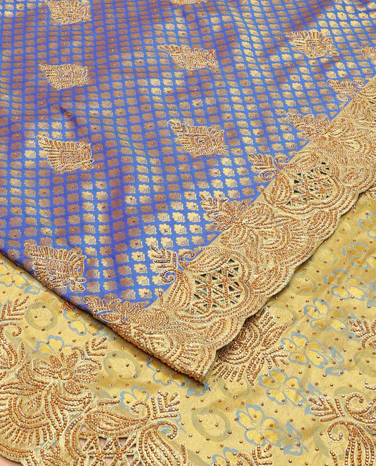 Blue jacquard embroidered silk saree, contrast stone embroidered scallop zari design cut work border & zari woven & stone embroidered pallu