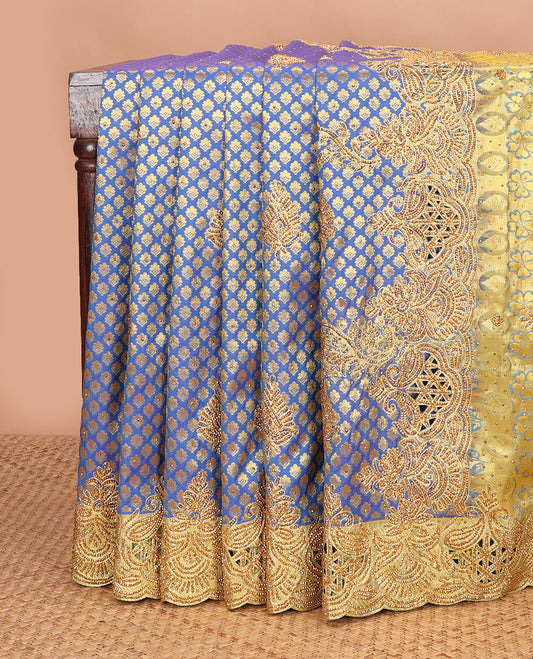 Blue jacquard embroidered silk saree, contrast stone embroidered scallop zari design cut work border & zari woven & stone embroidered pallu