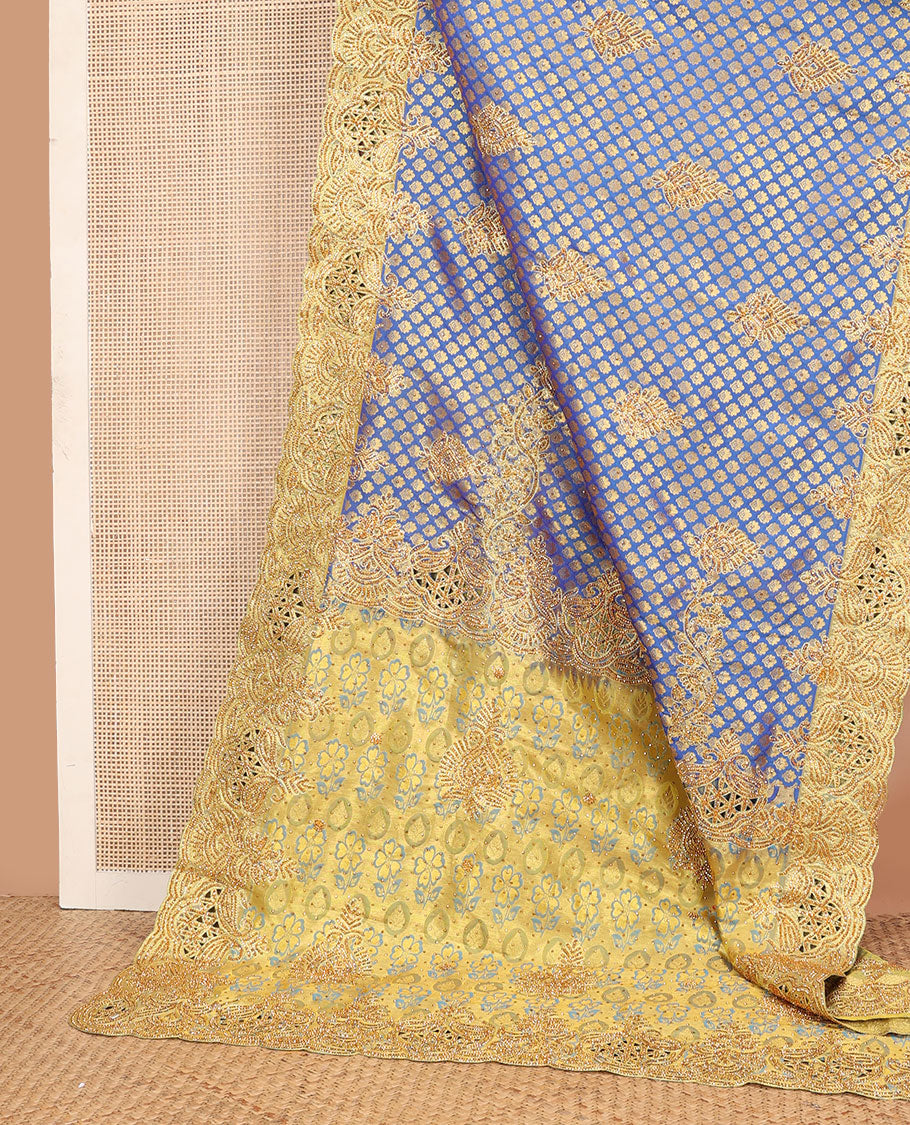 Blue jacquard embroidered silk saree, contrast stone embroidered scallop zari design cut work border & zari woven & stone embroidered pallu